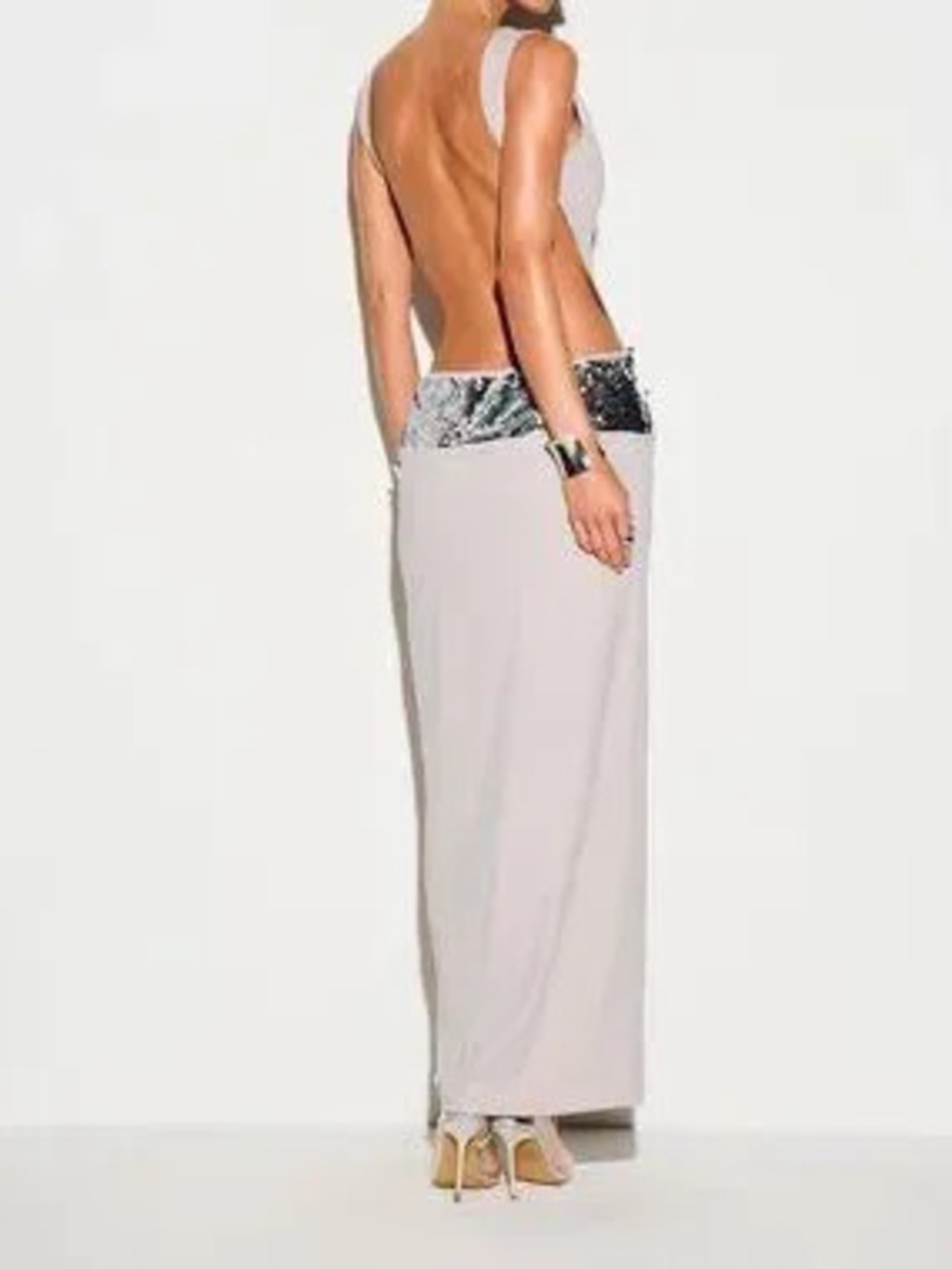 ZARA Khaki Women's Sequin Deep V-Neck Sleeveless Maxi Party Dress